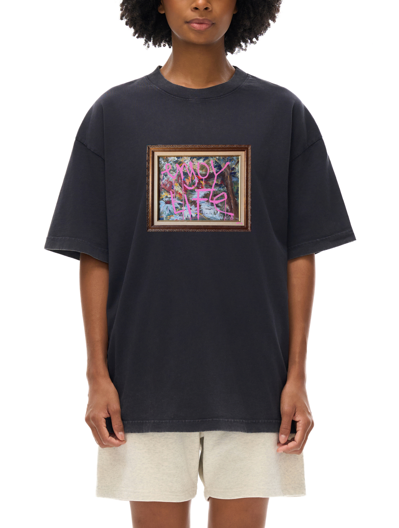 Reverse Dyed Loose Cotton Enjoy life T-Shirt